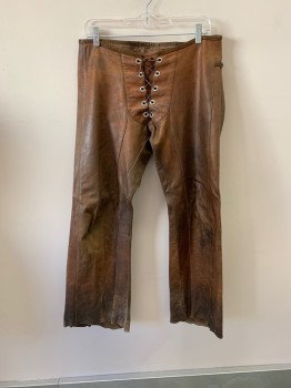 Mens, Historical Fiction Pants, MTO, Brown, Leather, 32/30, Lace Up Front, Silver Metal Grommets, Silver Ring On Waist With Leather Strips, Aged