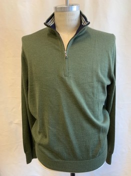 Mens, Pullover Sweater, BROOKS BROTHERS, Olive Green, Wool, Solid, M, Zip Mock Neck, Black with Gray Stripe Contrast Facing, Rib Knit Collar/cuffs/hem