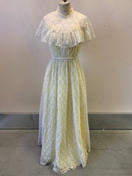 Womens, 1970s Vintage, Piece 1, Lorrie Deo, Yellow, Off White, Cotton, Floral, W24, B34, Spaghetti Strap Dress, Yellow Underdress with Lace Cover, V Neck, Pleated Skirt, Back Zipper,