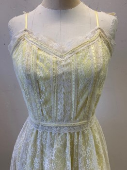 Womens, 1970s Vintage, Piece 1, Lorrie Deo, Yellow, Off White, Cotton, Floral, W24, B34, Spaghetti Strap Dress, Yellow Underdress with Lace Cover, V Neck, Pleated Skirt, Back Zipper,