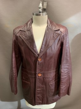 Mens, Leather Jacket, LEARSI, Brown, Leather, Solid, 42, 3 Buttons, Top Stitch, Notched Lapel, Collar Attached, 2 Pockets,