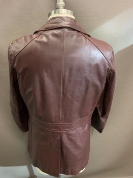 Mens, Leather Jacket, LEARSI, Brown, Leather, Solid, 42, 3 Buttons, Top Stitch, Notched Lapel, Collar Attached, 2 Pockets,