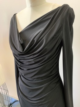 VERA WANG, Black, Polyester, Spandex, Solid, Heavy Jersey, L/S, Asymmetrical Draped Neck, L/S, Back Zipper, Fitted Flared Skirt with Train, Multiple