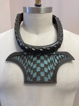 Mens, Sci-Fi/Fantasy Piece 2, MTO, Brown, Iridescent Green, Leather, Plastic, Geometric, GORGET/NECKLACE: Padded Collar, Velcro Closure In Back, Raised Texture, Trompe L'oeil Check