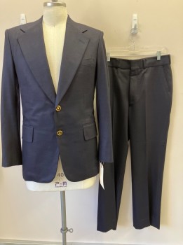 N/L, Navy Blue, Wool, Solid, 2 Bttn, SB. Notched Lapel, 2 Flap Pckt, 1 Chest Pckt, Single Vent In Back, Gold & Black Buttons with A Gold Diamond Shape Center