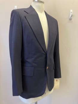 N/L, Navy Blue, Wool, Solid, 2 Bttn, SB. Notched Lapel, 2 Flap Pckt, 1 Chest Pckt, Single Vent In Back, Gold & Black Buttons with A Gold Diamond Shape Center