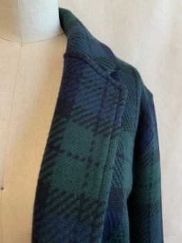 J. CREW, Navy Blue, Forest Green, Black, Cotton, Polyester, Plaid, Knit, Notched Lapel, No Closure, 2 Pockets