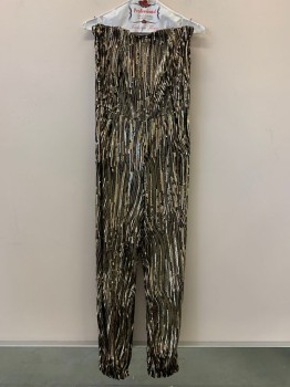 Womens, 1970s Vintage, Piece 1, NO LABEL, Black, Gold, Brass Metallic, Polyester, Sequins, Stripes, W32, B32, Jumpsuits, Strapless, Stretchy, Elastic Waist Band, Full Sequins Made To Order, Multiples,