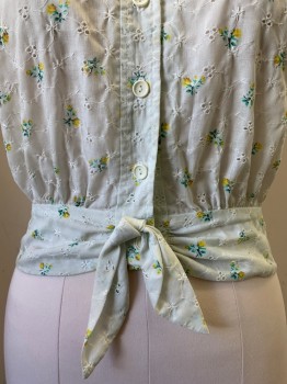 Womens, Shirt, NO LABEL, White, Yellow, Turquoise Blue, Orange, Cotton, Floral, B38, Sleeveless, Button Front, C.A., Front Tie