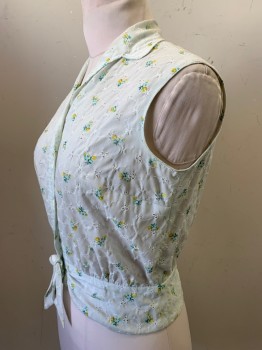 Womens, Shirt, NO LABEL, White, Yellow, Turquoise Blue, Orange, Cotton, Floral, B38, Sleeveless, Button Front, C.A., Front Tie
