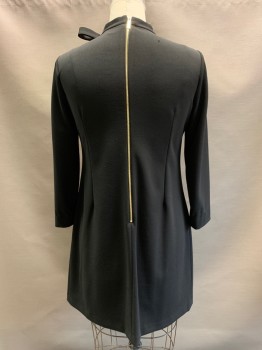 Womens, Dress, Long & 3/4 Sleeve, CALVIN KLEIN, Black, Polyester, Spandex, Solid, 12, L/S, High Neck With Side Bow, Straight Fit, Back Zipper,
