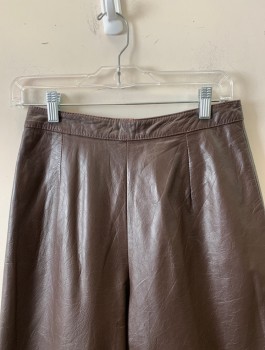 CARLA, Brown, Leather, Solid, Culottes, Mid Calf Length, Triple Pleats, Zip Fly, High Waisted, 2 Front Pockets