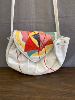 Womens, Purse, CLEMENTE, White, Leather, Cross Body Strap, Red, Green, Yellow, & Navy Reptile Pattern Patches, Envelope Flap, Snap Button, Drawstring, Red Stitching
