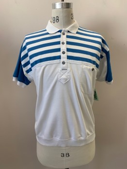 Mens, Polo Shirt, GREENLINE INTL, White, Blue, Cotton, Stripes, S, White C.A., S/S, 4 Bttns, 1 Pckt,