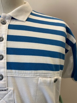 Mens, Polo Shirt, GREENLINE INTL, White, Blue, Cotton, Stripes, S, White C.A., S/S, 4 Bttns, 1 Pckt,