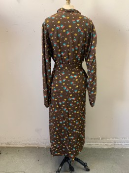 NL, Dk Brown, Teal Blue, Yellow, Orange, Cotton, Floral, 2 Piece with Matching Belt, Collar Attached, Faux Half Button Front, Long Sleeves, Gathered at Waist *Hole on Both Armpit Seams