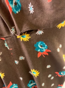 NL, Dk Brown, Teal Blue, Yellow, Orange, Cotton, Floral, 2 Piece with Matching Belt, Collar Attached, Faux Half Button Front, Long Sleeves, Gathered at Waist *Hole on Both Armpit Seams