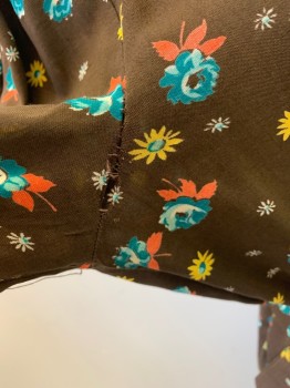 Womens, Dress, NL, Dk Brown, Teal Blue, Yellow, Orange, Cotton, Floral, W: 36, B: 42, 2 Piece with Matching Belt, Collar Attached, Faux Half Button Front, Long Sleeves, Gathered at Waist *Hole on Both Armpit Seams