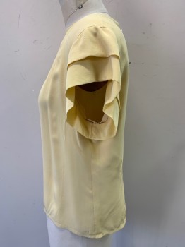 Womens, Top, MTO, Butter Yellow, Silk, Solid, W36, B 38, Crew Neck, Button Down Center Back, Double Ruffle Cap Sleeves, Sun Ray Darts From Center Front Neck, Fully Lined, Shoulder Pads. Tiny Stain Front