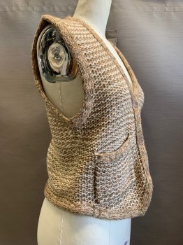 Womens, Vest, William Kasper, Beige, Tan Brown, Acrylic, Silk, 2 Color Weave, S, 3 Buttons, Single Breasted, V Neck, Top Pockets