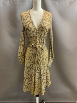 Womens, Cocktail Dress, STJ, Gold Metallic, Copper Metallic, Black, Rayon, Metallic/Metal, Reptile/Snakeskin, W:24, B:32, V-N, Fabric Covered Buttons & Loop Down Front, L/S, Zip Back, with Matching Belt