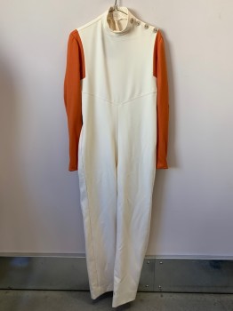 Mens, Jumpsuit, NO LABEL, Cream, Orange, Wool, Color Blocking, W32, C36, L/S, Collar Band, Shoulder Pads, Side Buttons, Zipper Back, Stained, Made To Order,