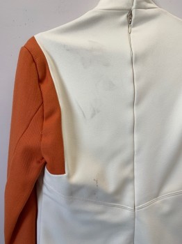 Mens, Jumpsuit, NO LABEL, Cream, Orange, Wool, Color Blocking, W32, C36, L/S, Collar Band, Shoulder Pads, Side Buttons, Zipper Back, Stained, Made To Order,