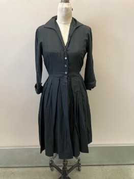 JULIE MILLER , Black, Silk, Solid, Wing Collar 3/4 Sleeves Cuffed,  B.F.,Box Pleats At Skirt, Chain Stitch  Embroidery At CB