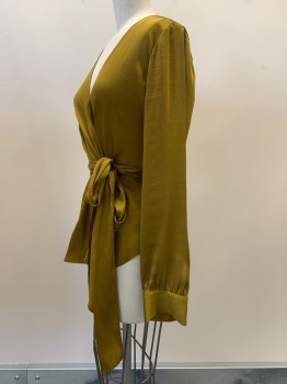 Womens, Blouse, ANTHROPOLOGIE, Moss Green, Polyester, Solid, 2, L/S, Wrap Around, V Neck, Waist Tie