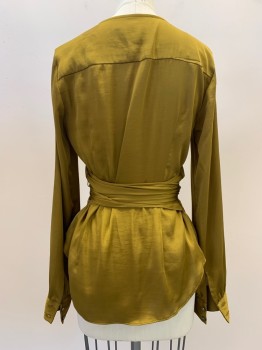 Womens, Blouse, ANTHROPOLOGIE, Moss Green, Polyester, Solid, 2, L/S, Wrap Around, V Neck, Waist Tie