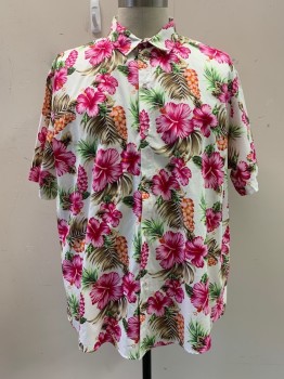 Mens, Hawaiian Shirt, SSLR, Hot Pink, Green, Multi-color, Cotton, Floral, 4X, C.A., Button Front, S/S, Orange, Brown Details