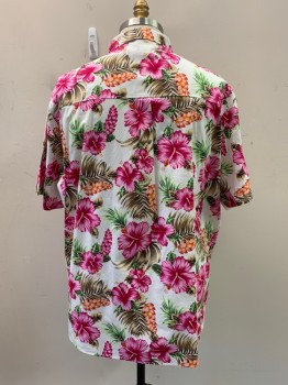 Mens, Hawaiian Shirt, SSLR, Hot Pink, Green, Multi-color, Cotton, Floral, 4X, C.A., Button Front, S/S, Orange, Brown Details