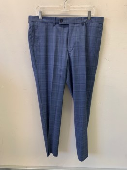 TED BAKER, French Blue, Blue, Wool, Plaid, Side Pockets, Zip Front, F.F, 2 Back Pockets