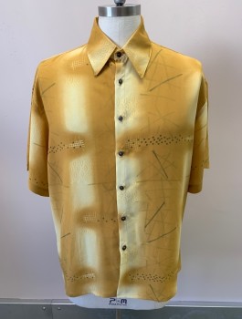 SAXFIAN, Gold, Lt Yellow, Olive Green, Polyester, Geometric, Ombre, S/S, Button Front, Point Collar, Silver Shank Buttons Lions Head Filgree