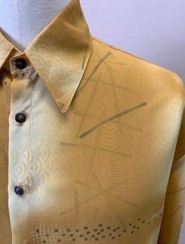 Mens, Casual Shirt, SAXFIAN, Gold, Lt Yellow, Olive Green, Polyester, Geometric, Ombre, M, N:16, S/S, Button Front, Point Collar, Silver Shank Buttons Lions Head Filgree
