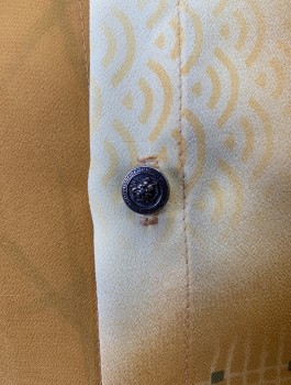 Mens, Casual Shirt, SAXFIAN, Gold, Lt Yellow, Olive Green, Polyester, Geometric, Ombre, M, N:16, S/S, Button Front, Point Collar, Silver Shank Buttons Lions Head Filgree