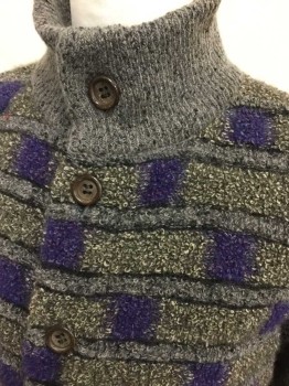 NL, Gray, Taupe, Purple, Black, Wool, Nylon, Geometric, Reversible Sweater Jacket, 8 + Buttons, Stand Collar, Rib Knit Cuffs, Black Side Quilted,