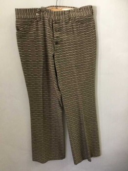 LEVI'S, Brown, Olive Green, Gray, Cream, Polyester, Geometric, Long Hexagons W/Cream+Tan Edges, Flat Front, Button Fly, Boot Cut, 2 Slanted Side Pockets,
