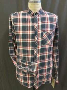 COTTON ON, Navy Blue, Red, White, Cotton, Plaid, Button Front, Collar Attached, Long Sleeves, 1 Pocket, Aged/Distressed,