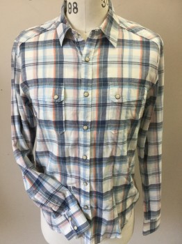 LUCKY BRAND, White, Heather Gray, Navy Blue, Orange, Baby Blue, Cotton, Heathered, Plaid, White with Heather Dark & Light Gray, Baby Blue, Orange, Navy Window Pane Plaid, Collar Attached, Cream with Silver Snap Front, Yoke at Shoulders, 2 Pockets with Flap & 1 Butto, Long Sleeves,