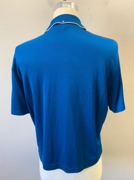 Mens, Casual Shirt, ANTONIO BASSO/CLUB M, Blue, White, Polyester, Solid, L, Dark Turquoise Banlon Knit, White Edging at Collar and Button Placket, Short Sleeve Button Front, Collar Attached, 1960's, Has Scar on Upper Right Shoulder, Has Been Mended But Still Seen.