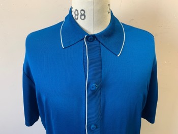 ANTONIO BASSO/CLUB M, Blue, White, Polyester, Solid, Dark Turquoise Banlon Knit, White Edging at Collar and Button Placket, Short Sleeve Button Front, Collar Attached, 1960's, Has Scar on Upper Right Shoulder, Has Been Mended But Still Seen.