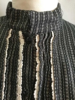 N/L, Black, Cream, Cotton, Stripes - Vertical , Stripes - Pin, Long Sleeve Button Front, Stand Collar, Cream Crochet Lace Trim, Puffy Gathered Sleeves, , Pleated Bustle Detail At Center Back Waist/Hem, Made To Order,