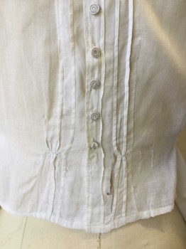 N/L, White, Cotton, Solid, Novelty Fagotting Detail at Front with Tuck Pleats at Either Side. Long Sleeves with Tuck Pleats at Cuffs. Fagotted Collar Band with Lace Trim. Center Back Button Closure. Delicate Covered Buttons. Self Tie at Back Waist. Lower Half of Back with Snap Closure Under Faux Buttons. Holes at Fagotting Detail at Left Front Neck . Holes at Back Neck Collar Band. Holes at Center Back Waist Lower,