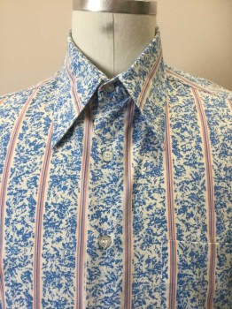 Mens, Dress Shirt, TOWNCRAFT, White, Blue, Rose Pink, Poly/Cotton, Stripes, M, Novelty Stripe Print, Short Sleeves, Collar Attached, Back,  Front, 1 Pocket,