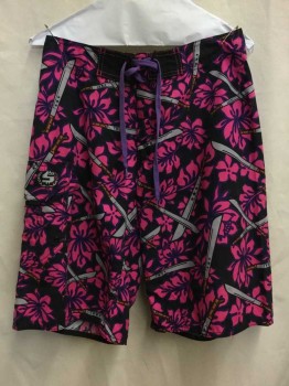 Mens, Swim Trunks, NL, Black, Purple, Hot Pink, Brown, Gray, Synthetic, Floral, Novelty Pattern, 28, Knife Print with Black Star Detail