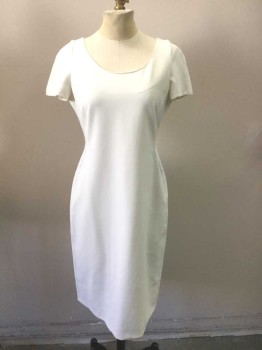 Womens, Dress, Short Sleeve, ARMANI, Bone White, Polyester, Spandex, Solid, 4, Short Sleeves, Scoop Neck, Curved Seams at Sides, Knee Length
