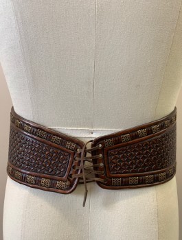 N/L MTO, Brown, Gold, Leather, Embossed Leather with Gold Filigree Rectangles at Edges, Wide Belt (Varies Between 3-5" Wide) with Notched V Waist, Leather Thong Lacing Closures, Made To Order
