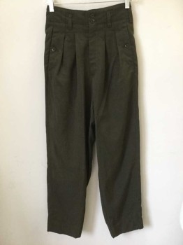 N/L, Brown, Wool, Cotton, Solid, Greenish Brown, Hollywood High Pleated Waist, Zip Fly with 2 Buttons at Top, Triangular Panels with Decorative Brown Button at Side Pockets, 4 Pockets, Tapered Leg  **As of 7/18/2019 Has 2 Inch TV Alt at Waist