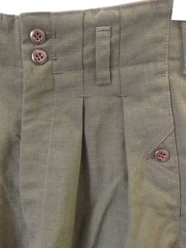 N/L, Brown, Wool, Cotton, Solid, Greenish Brown, Hollywood High Pleated Waist, Zip Fly with 2 Buttons at Top, Triangular Panels with Decorative Brown Button at Side Pockets, 4 Pockets, Tapered Leg  **As of 7/18/2019 Has 2 Inch TV Alt at Waist